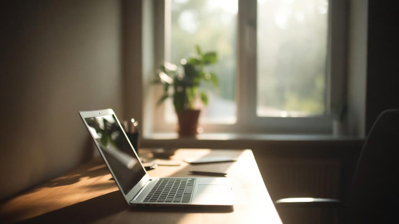 Minimalistischer Arbeitsplatz mit Laptop für Online-Zeiterfassung