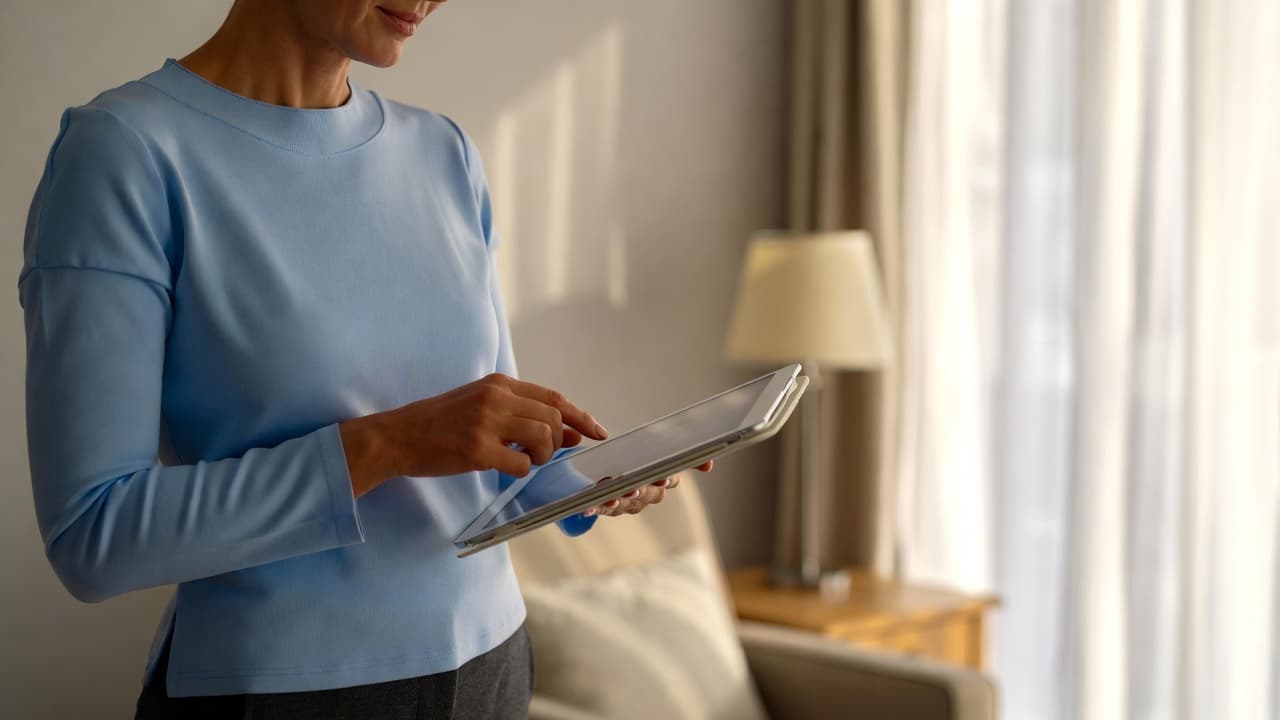 Pflegekraft nutzt Arbeitszeit Software auf Tablet