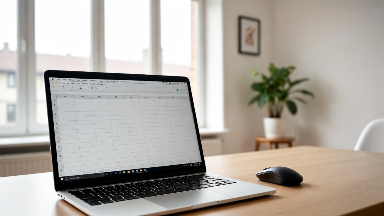 Laptop mit Excel-Tabelle zur Arbeitszeiterfassung auf einem aufgeräumten Schreibtisch