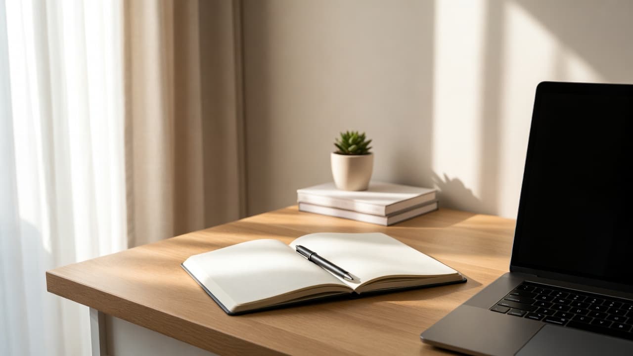 Minimalistischer Arbeitsplatz mit Notizbuch und Laptop für Arbeitszeiterfassung