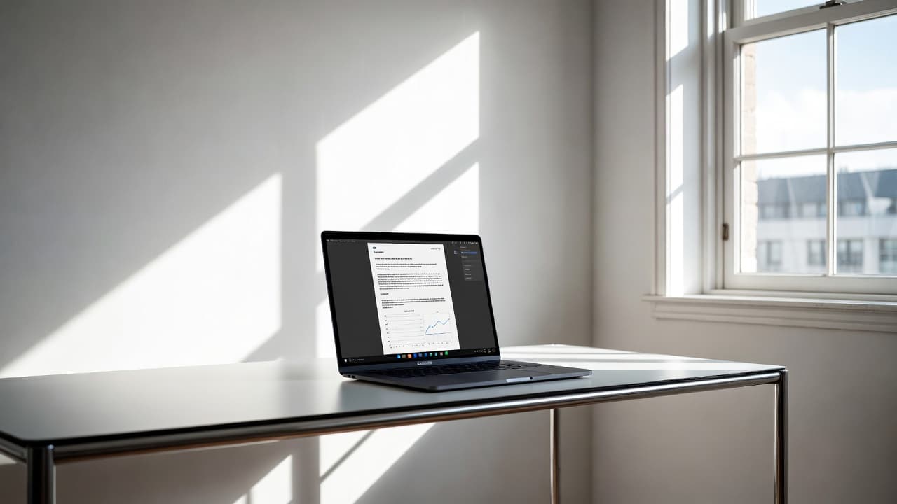 Schreibtisch mit Laptop und PDF-Dokument zur Arbeitszeiterfassung