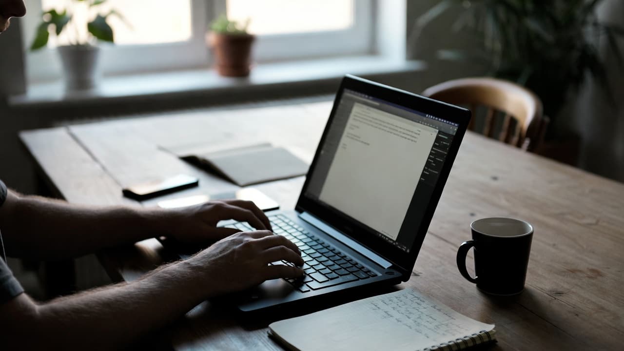 Freelancer at kitchen table with laptop doing time tracking