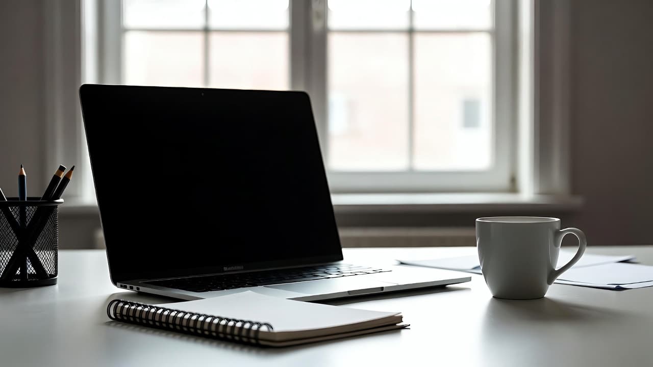Schreibtisch in einem modernen Büro mit Laptop und Notizbuch