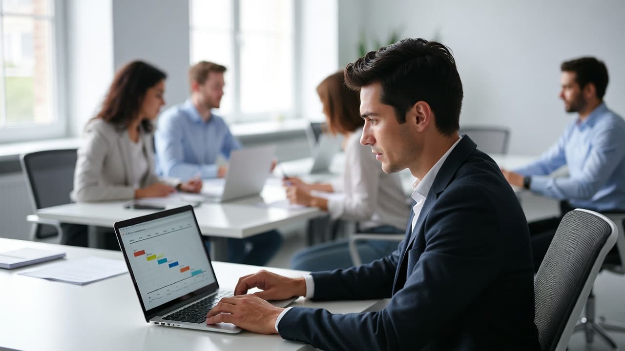 Teamleiter nutzt kostenlosen Time Tracker in modernem Büro