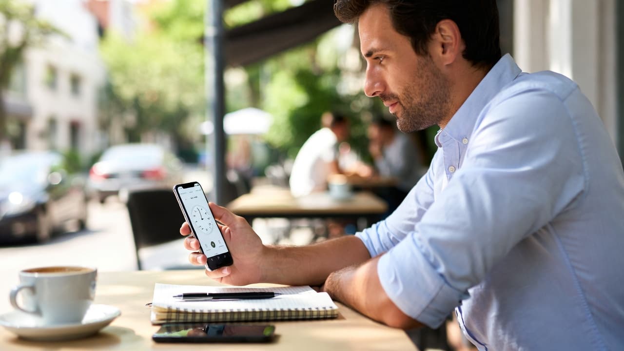 Freelancer erfasst Arbeitszeit mobil per Smartphone im Café