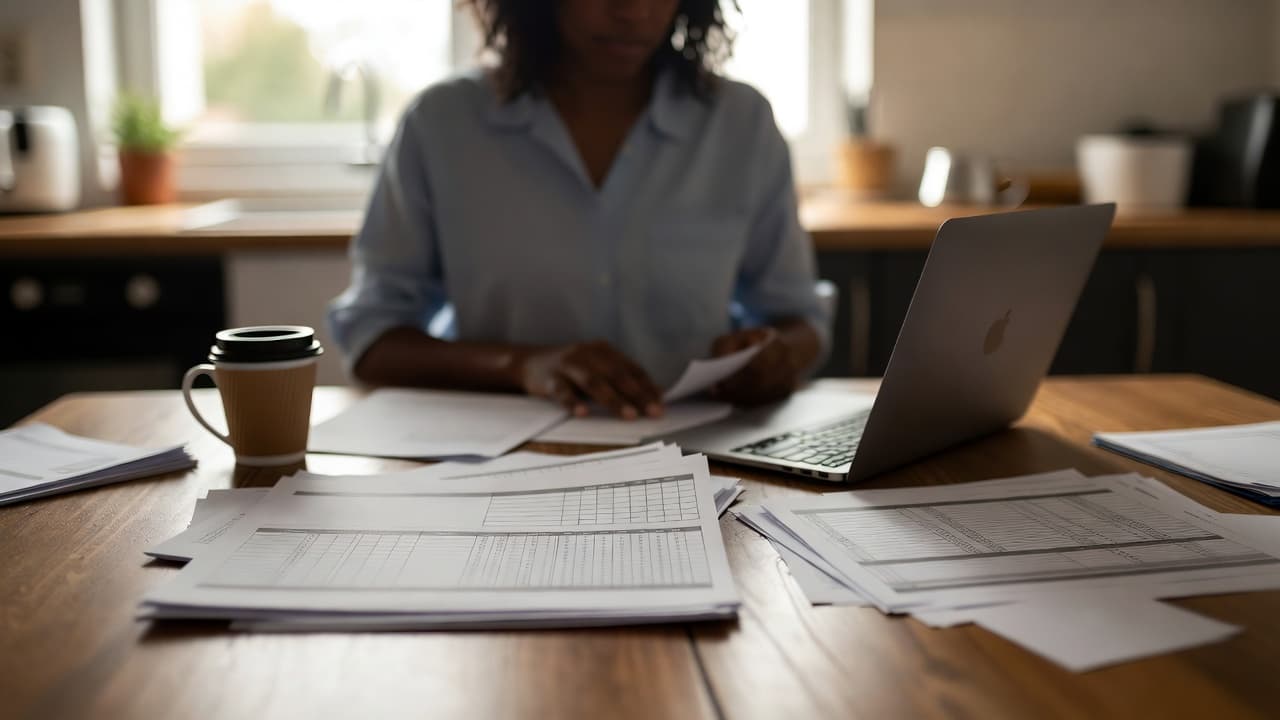 Freelancer preparing timesheets at kitchen table