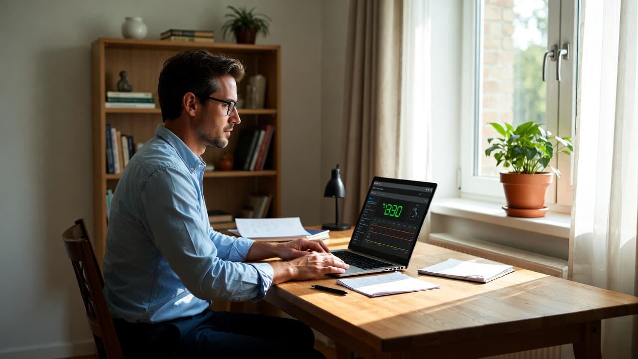 Freelancer nutzt Time Tracker am Laptop im Homeoffice