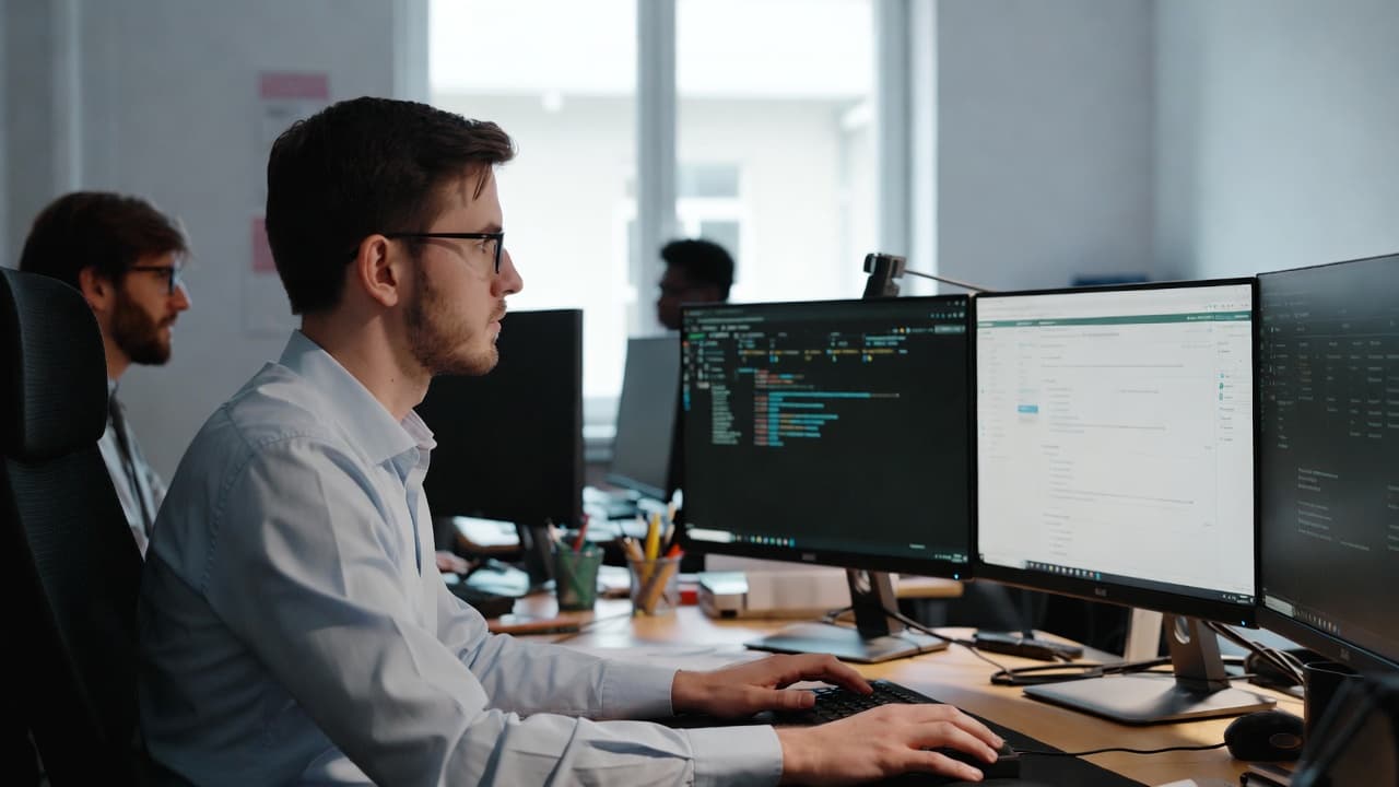 IT-Support-Spezialist bei der Arbeit mit mehreren Monitoren