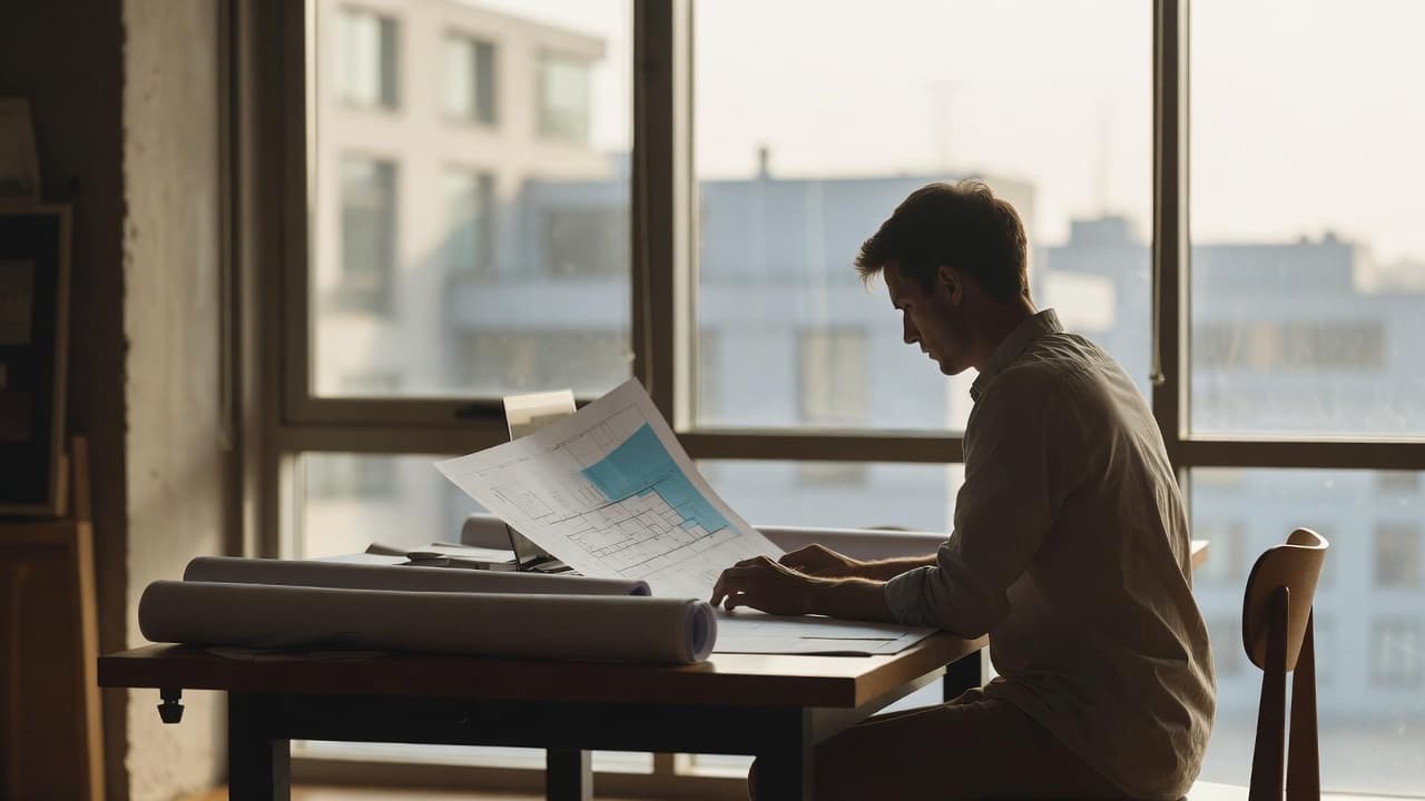 Architekt bei der Arbeit mit Bauplänen in hellem Büro