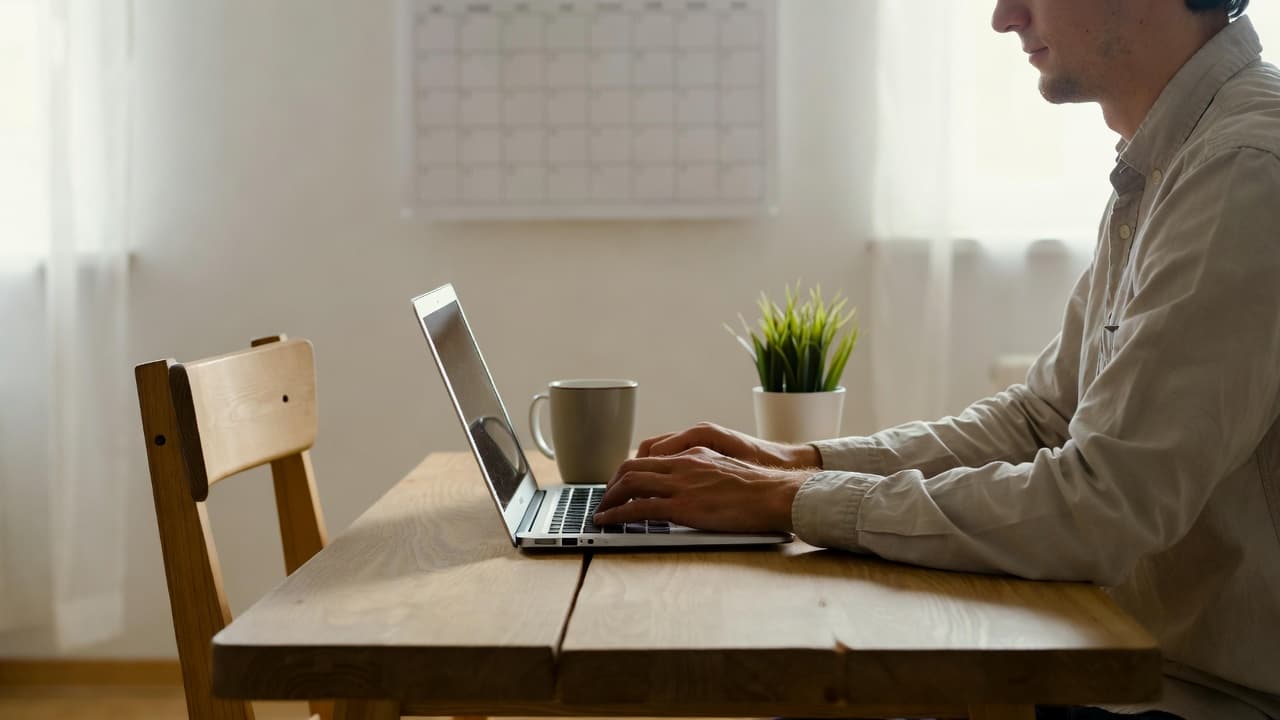Freelancer bei der Arbeit mit Laptop in hellem Homeoffice