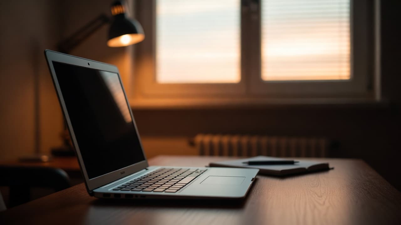 Home-Office-Szene mit Laptop bei Dämmerung für Überstunden-Thema