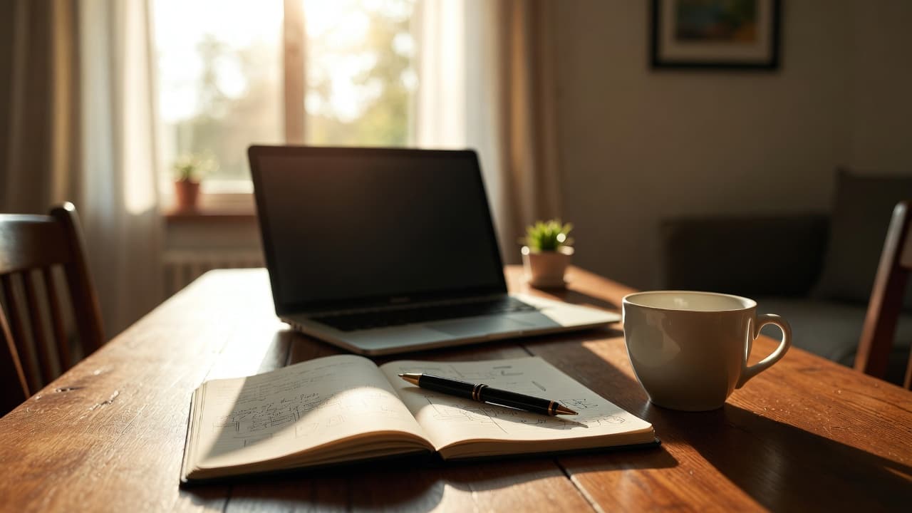 Freelancer noting overtime at kitchen table