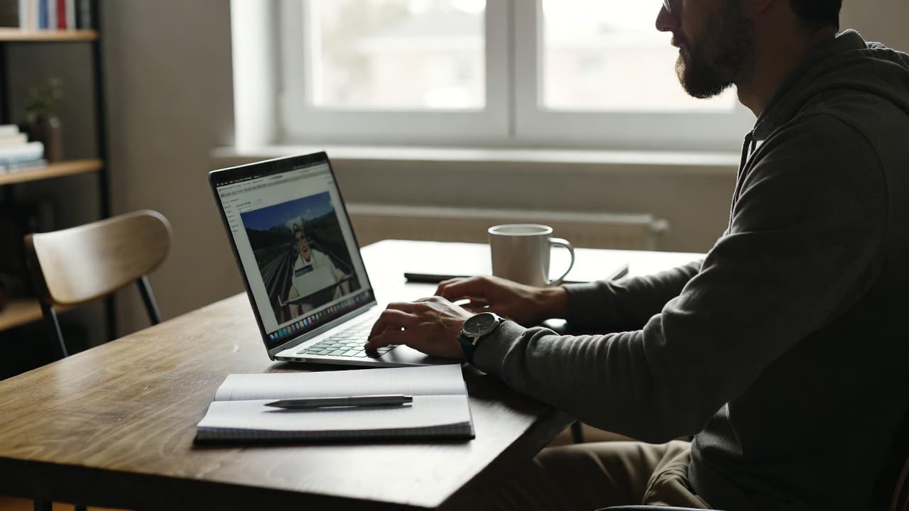 Freelancer at desk with laptop and notebook tracking time