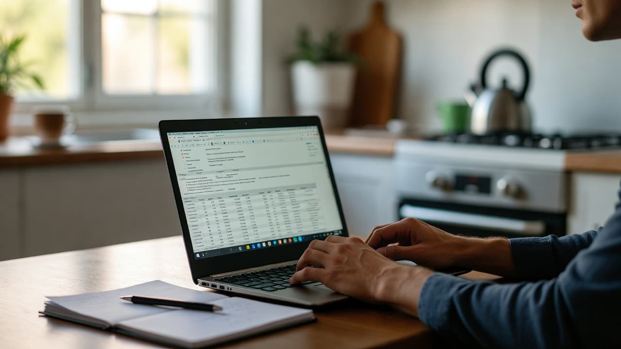 Freelancer am Tisch mit Laptop und Notizbuch bei der Zeiterfassung