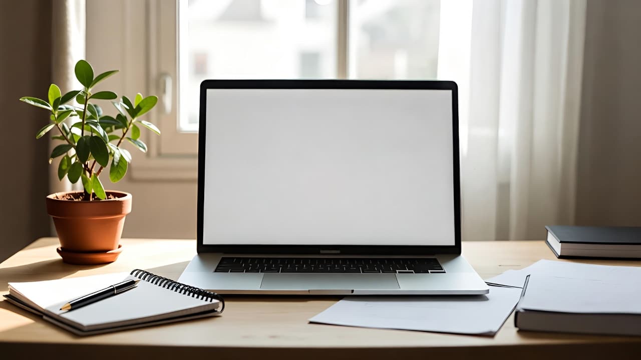 Schreibtisch mit Laptop und Notizbuch bei Tageslicht