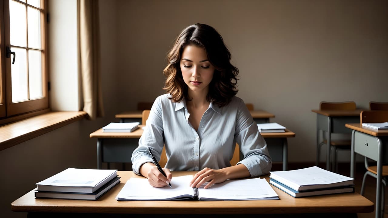 Lehrer bei der Vorbereitung im Klassenzimmer mit Notizen und Planer