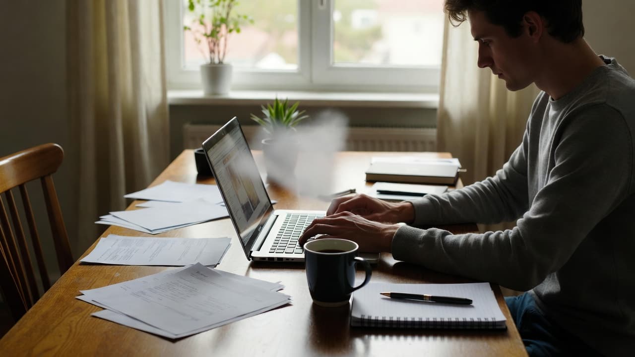 Freelancer am Küchentisch mit Laptop bei der Zeiterfassung