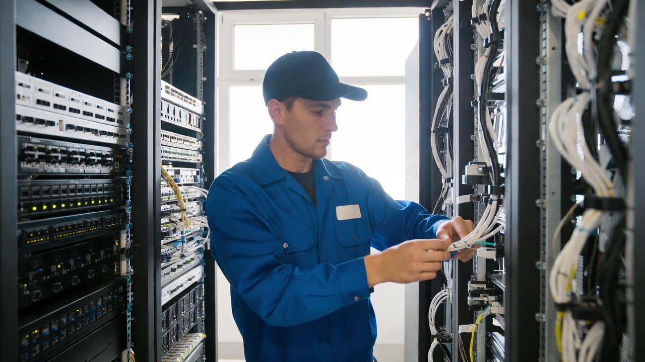 Netzwerktechniker bei der Arbeit in einem Serverraum