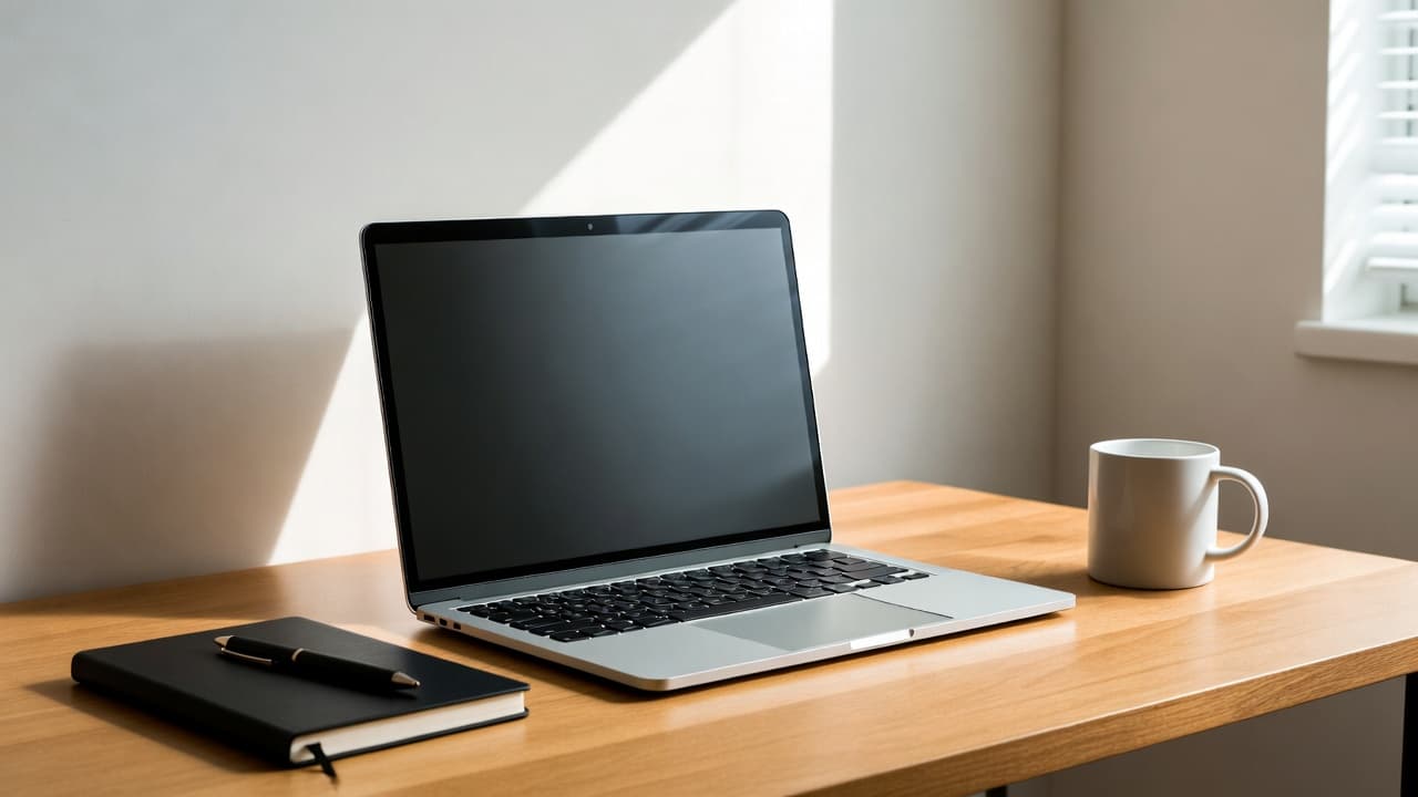 Minimalist workspace with laptop and notebook in daylight