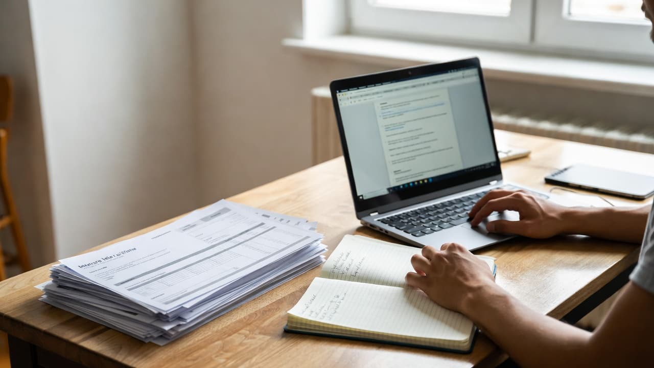 Freelancer at desk with laptop and invoices