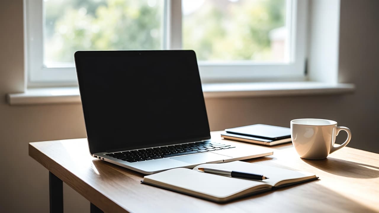 Schreibtisch mit Laptop und Notizbuch in einem hellen Homeoffice