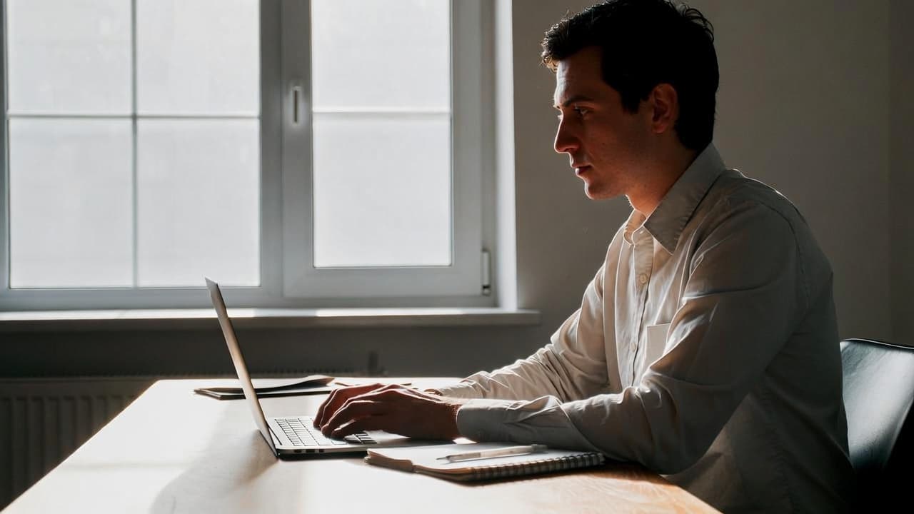 Journalist bei der Arbeit mit Laptop und Notizbuch