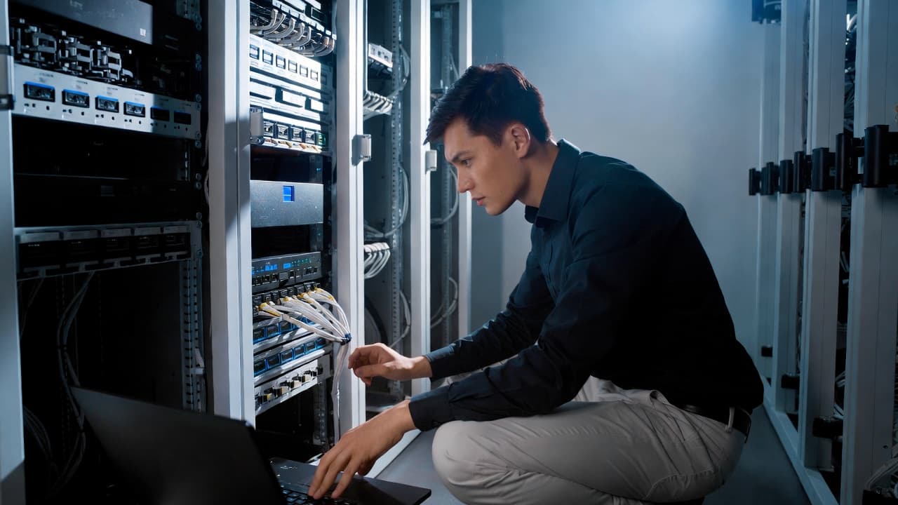 Netzwerktechniker bei der Arbeit in einem Serverraum mit Laptop