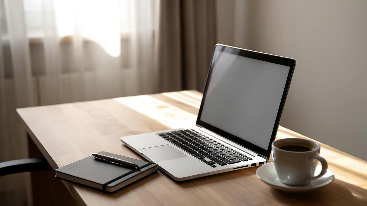 Desk setup with laptop and notebook in daylight