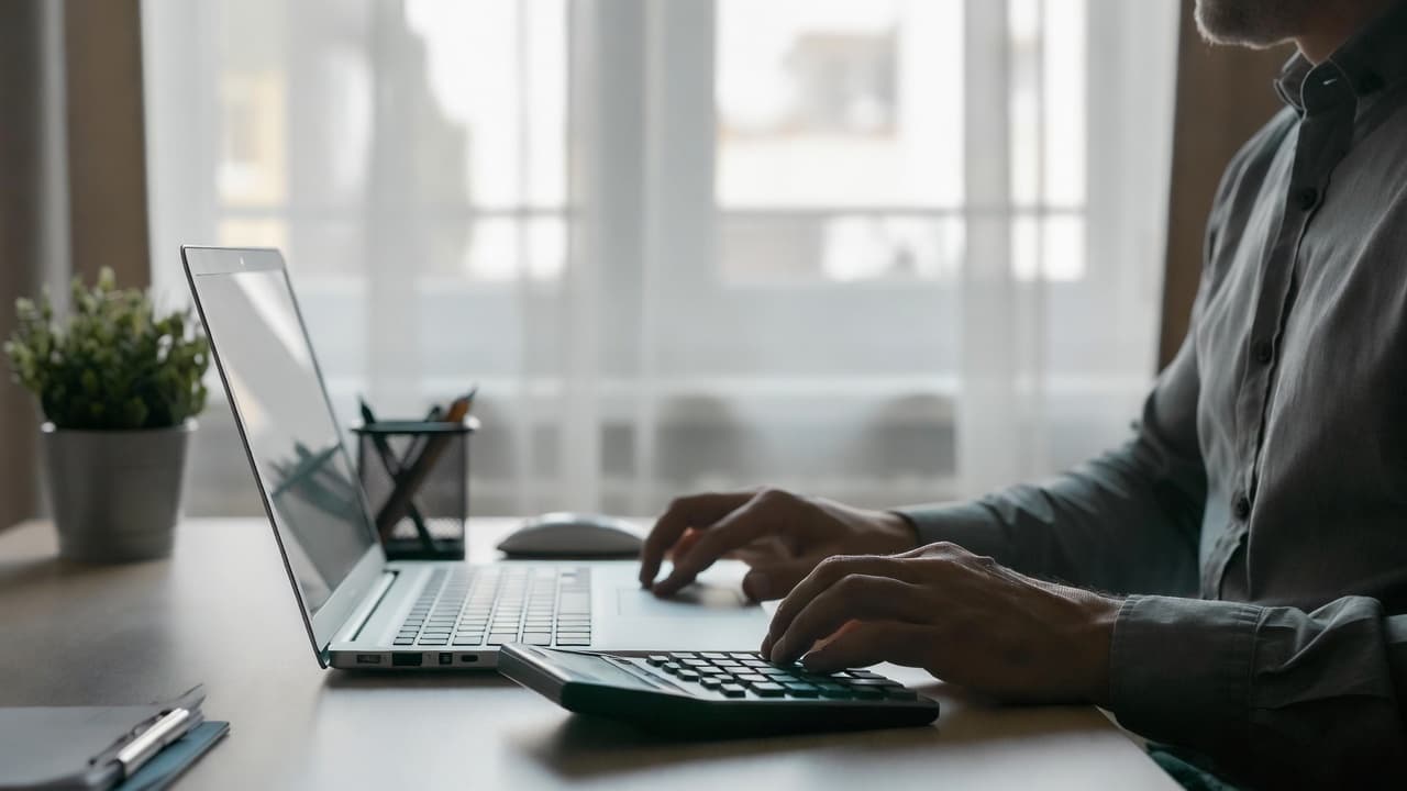 Person nutzt Zeiterfassung Rechner am Laptop