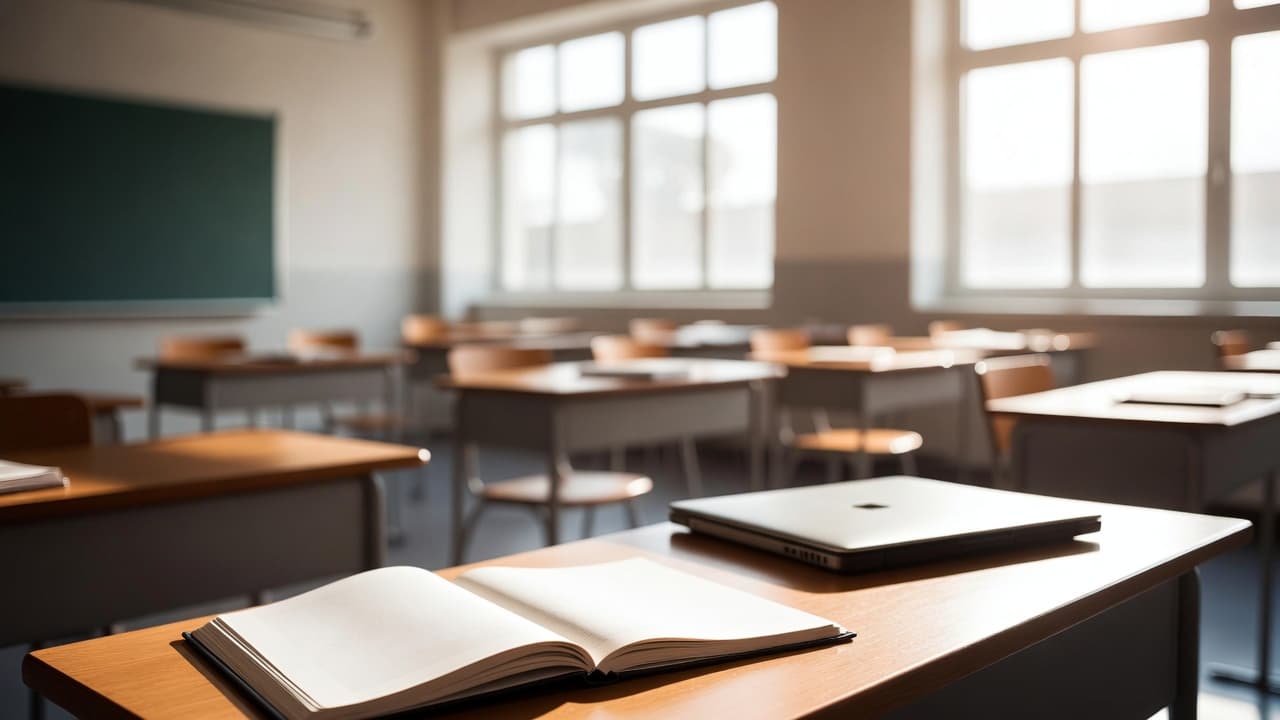 Heller Klassenraum mit Notebook und Laptop auf einem Holztisch bei natürlichem Licht