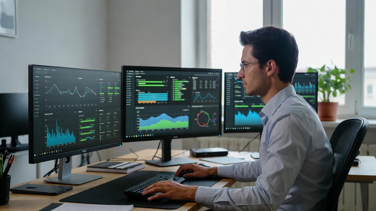 Systemadministrator bei der Arbeit mit mehreren Monitoren