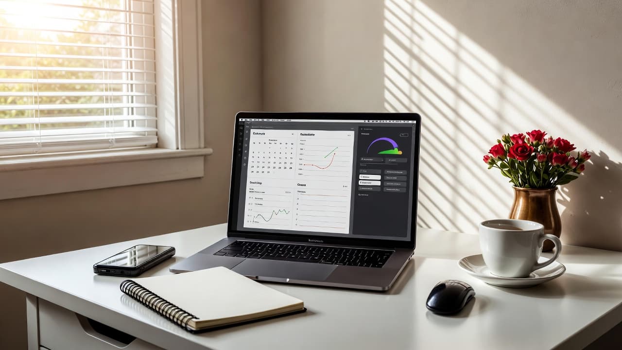 Minimalistischer Arbeitsplatz mit Laptop für Zeiterfassung