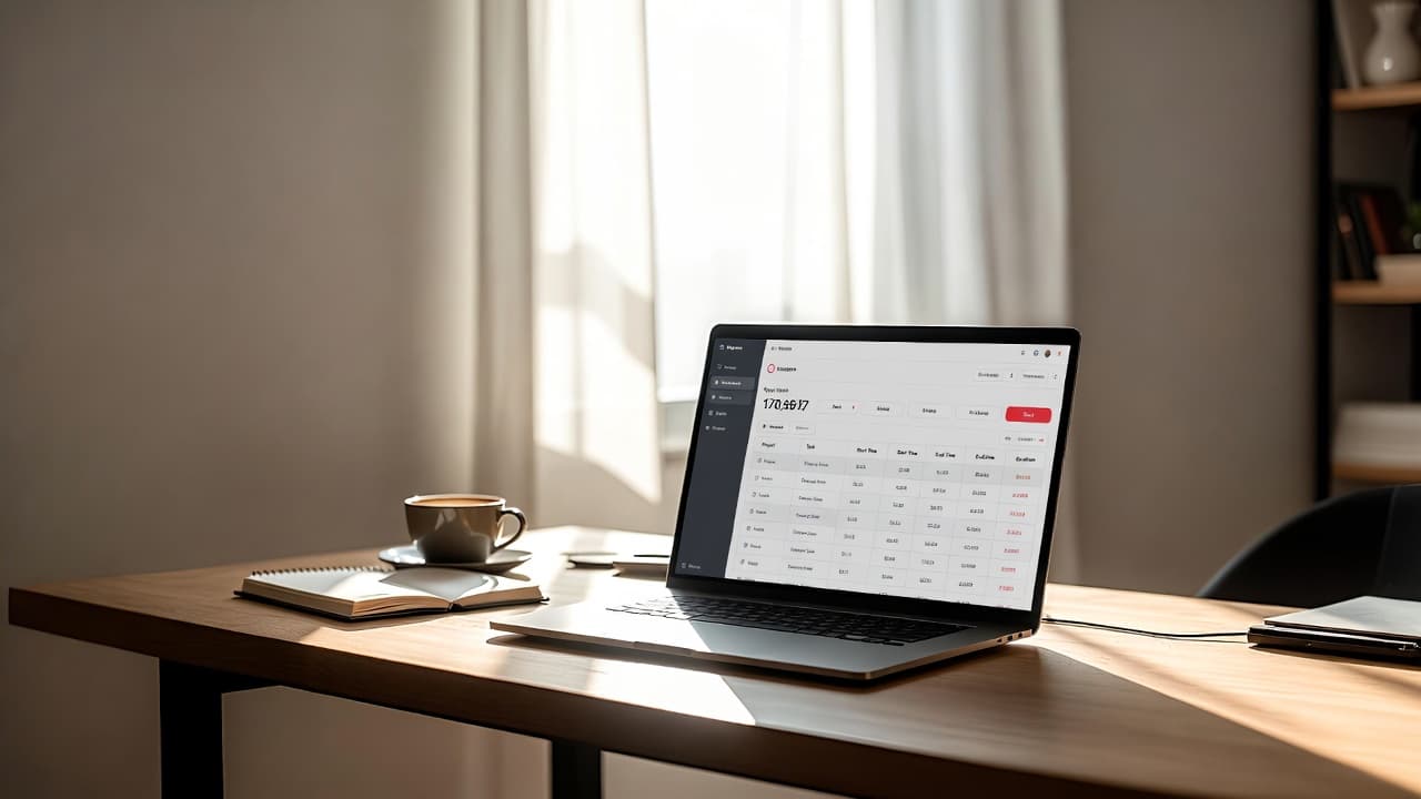 Minimalistischer Arbeitsplatz mit Laptop und Zeiterfassungs-App