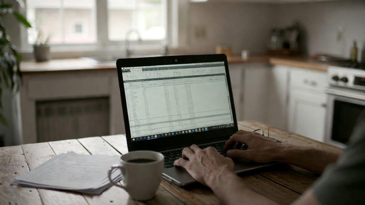 Freelancer am Küchentisch mit Laptop und Tabellenkalkulation