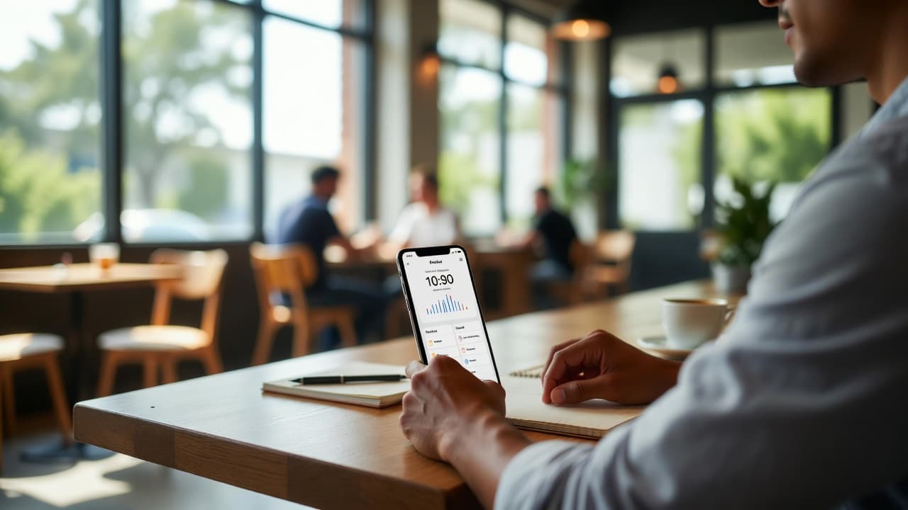 Smartphone mit Zeiterfassungs-App auf einem Cafétisch