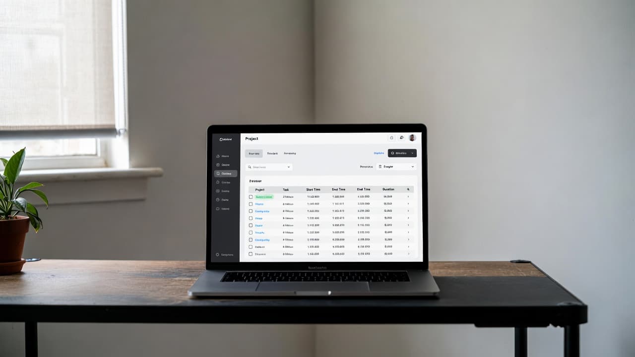 Laptop mit Zeiterfassungs-Dashboard in einem hellen Homeoffice