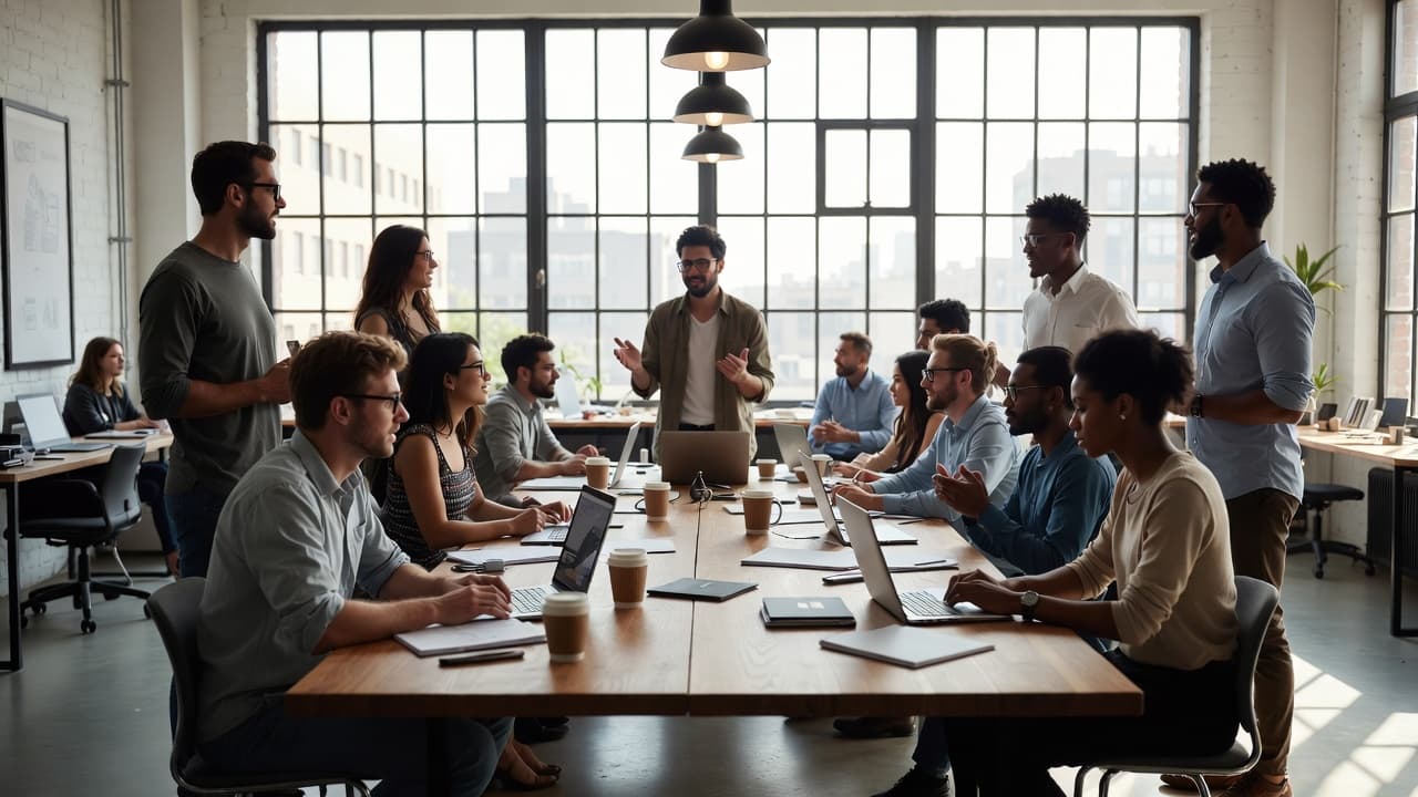Team einer Agentur bei der gemeinsamen Projektplanung am Tisch