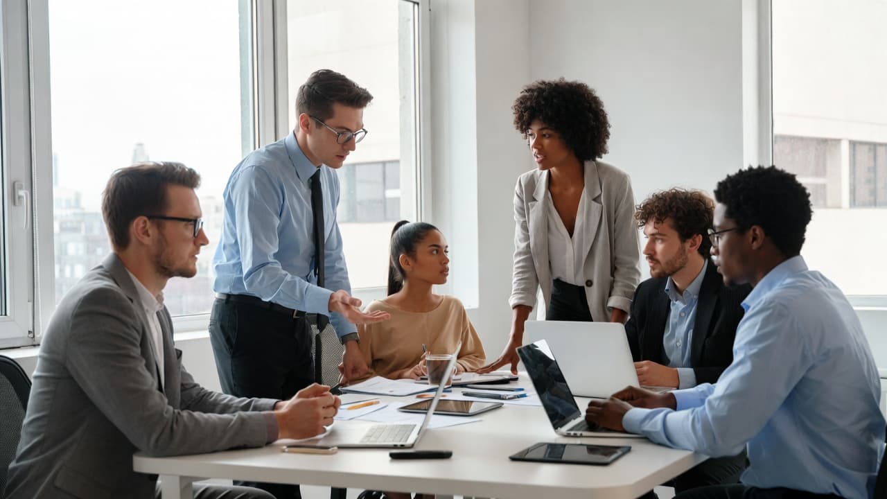 Team bei der gemeinsamen Planung von Projekten in einem hellen Büro