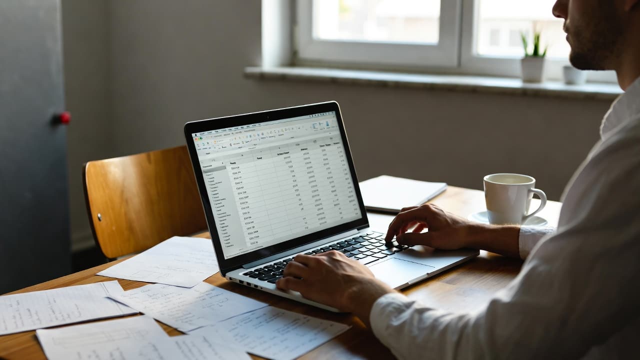 Freelancer creating invoice from tracked hours on laptop