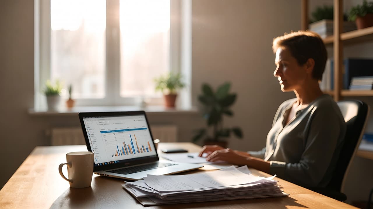 Freelancer creating invoices on laptop in bright home office