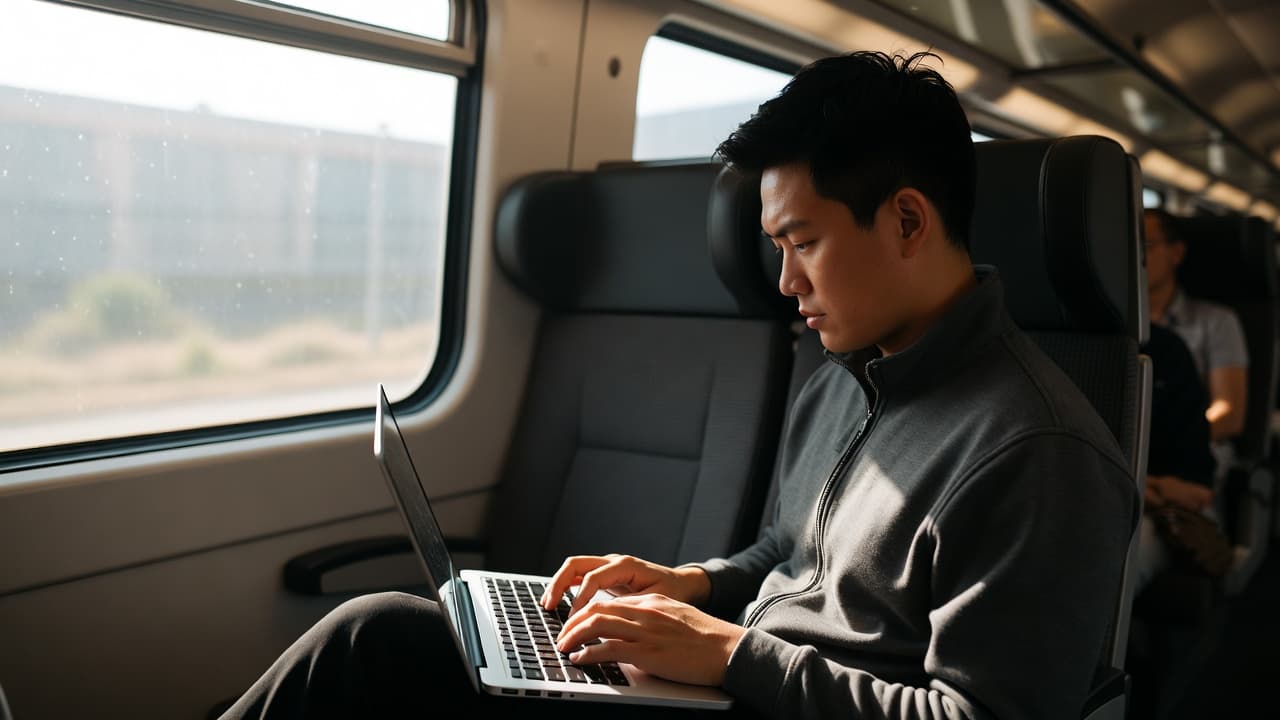 Freelancer erfasst Reisezeit während einer Zugfahrt