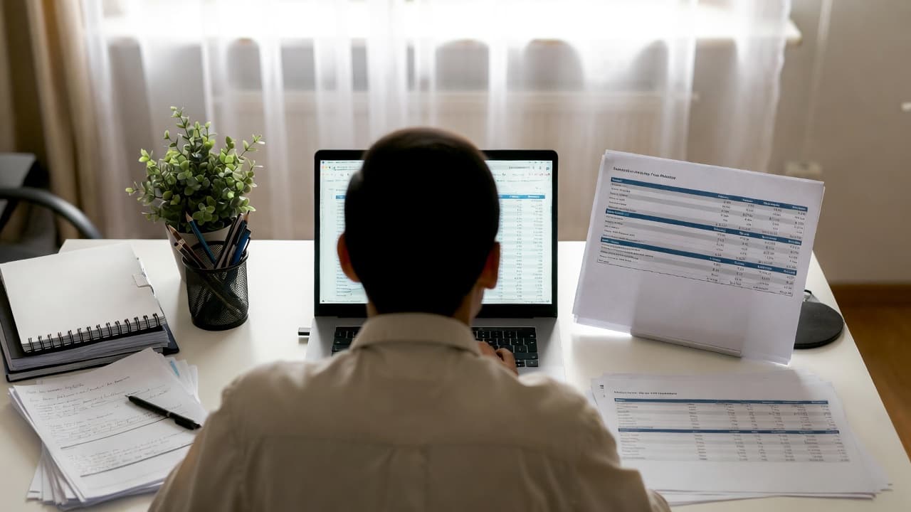 Freelancer reviewing a timesheet template at the desk