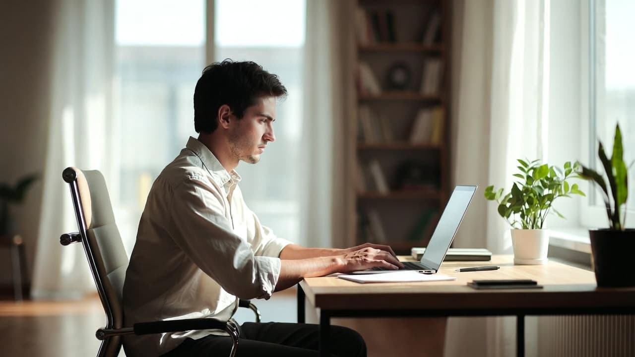 Freelancer bei der Arbeit mit Laptop in hellem Home-Office