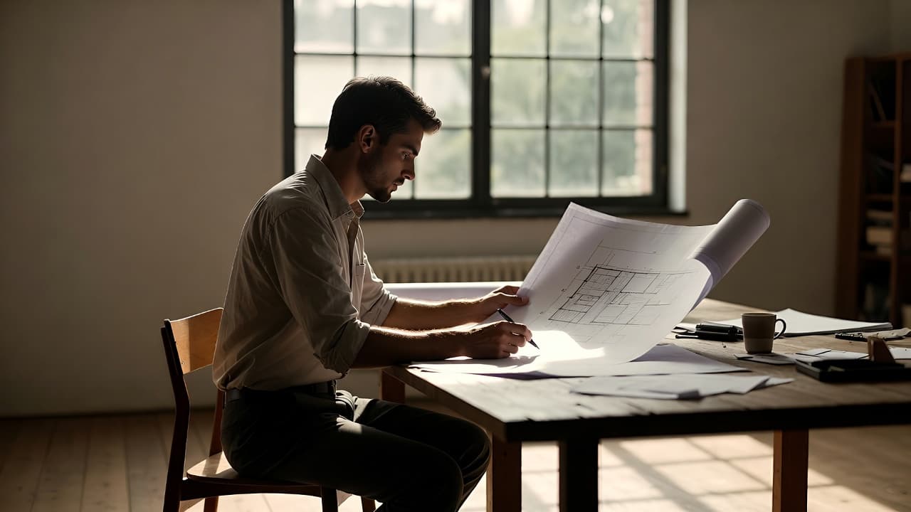 Architekt bei der Arbeit an Bauplänen in einem hellen Studio