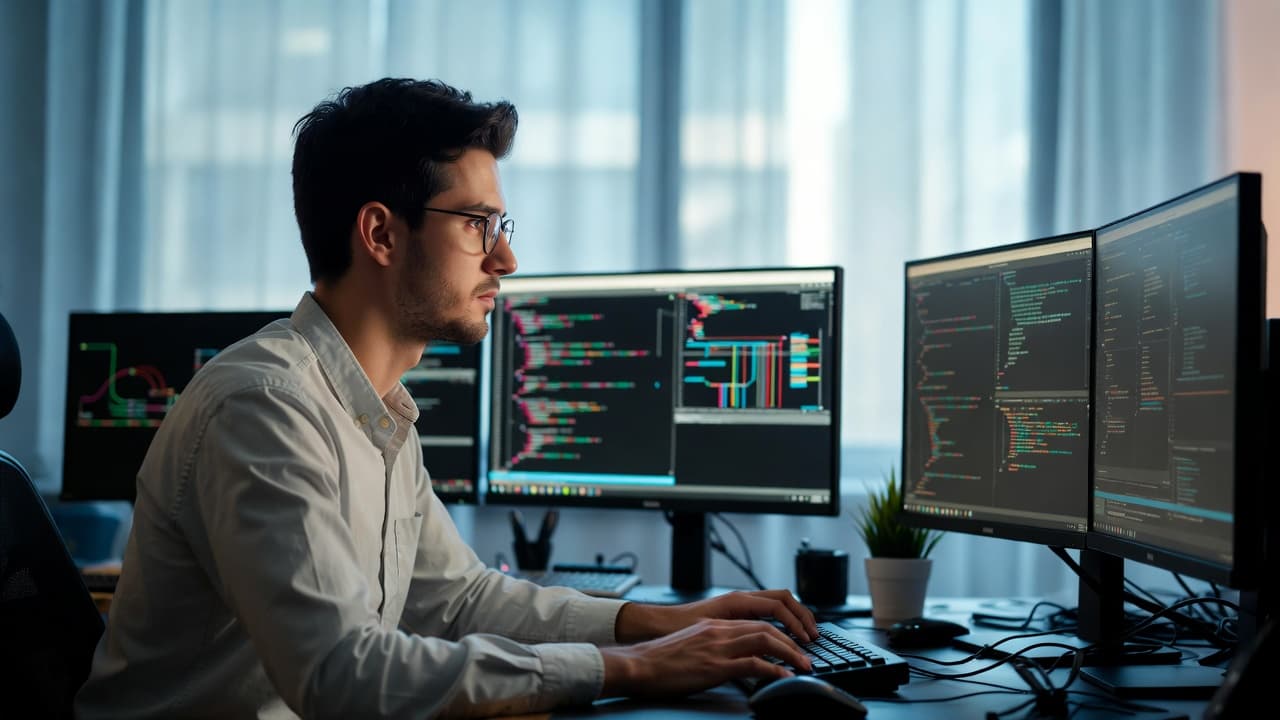 DevOps Ingenieur bei der Arbeit mit mehreren Monitoren