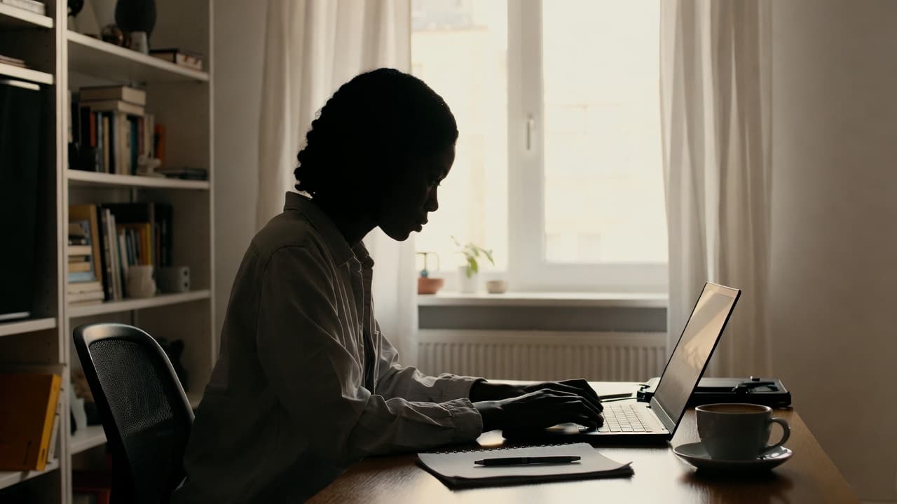 Freelancer bei der Arbeit mit Laptop in hellem Homeoffice