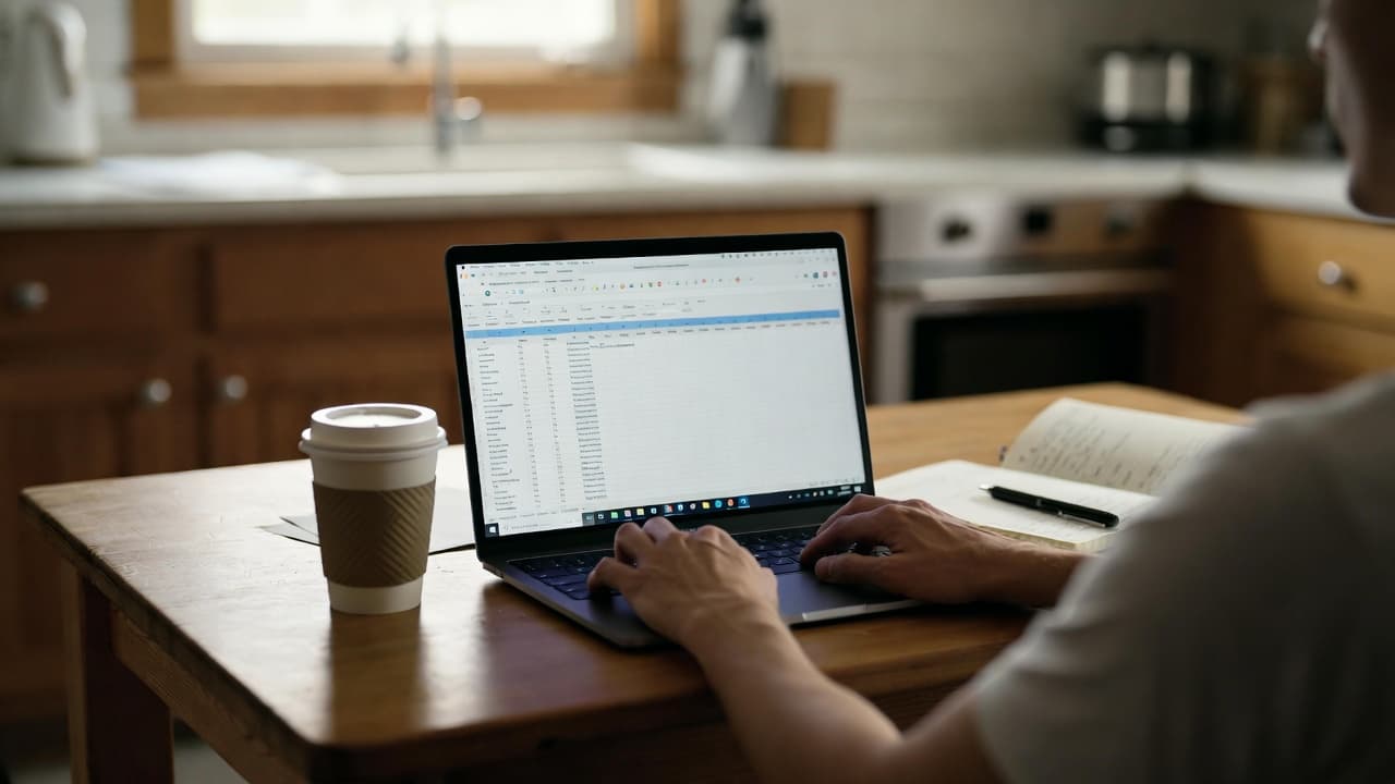 Home office workspace with laptop and notes
