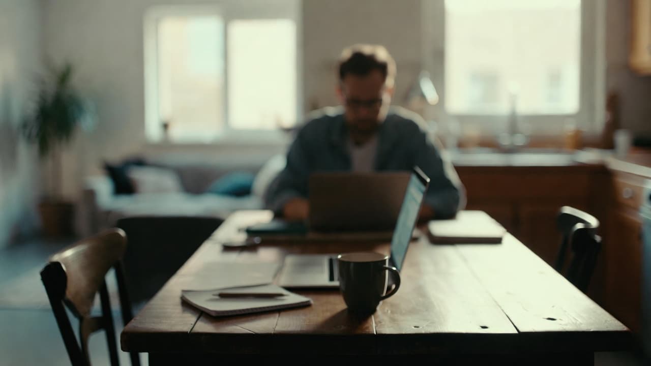 Freelancer bei der morgendlichen Zeiterfassung am Küchentisch