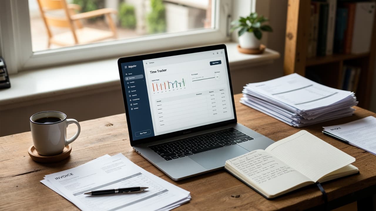Desk with laptop showing time tracking interface beside invoices