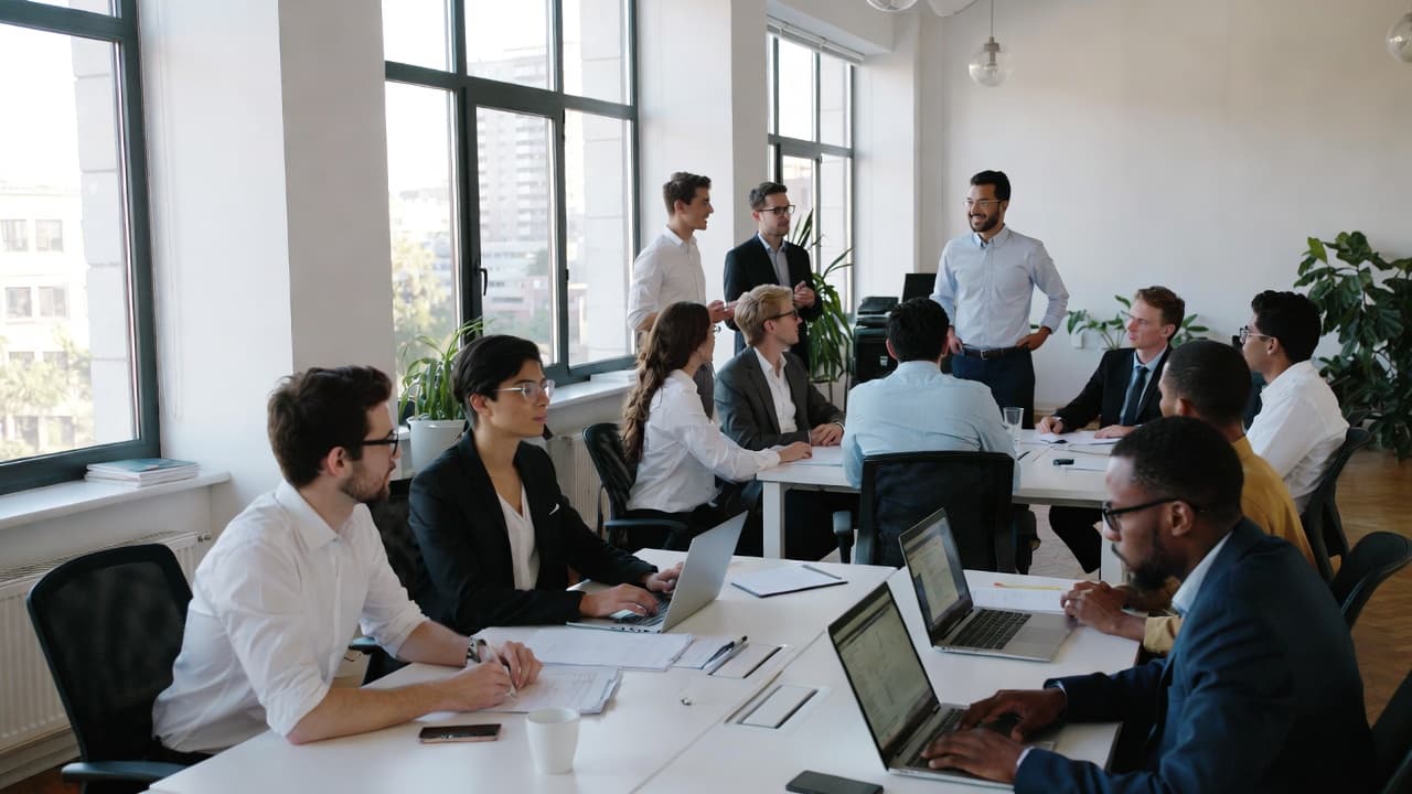 Team using time tracking in the office